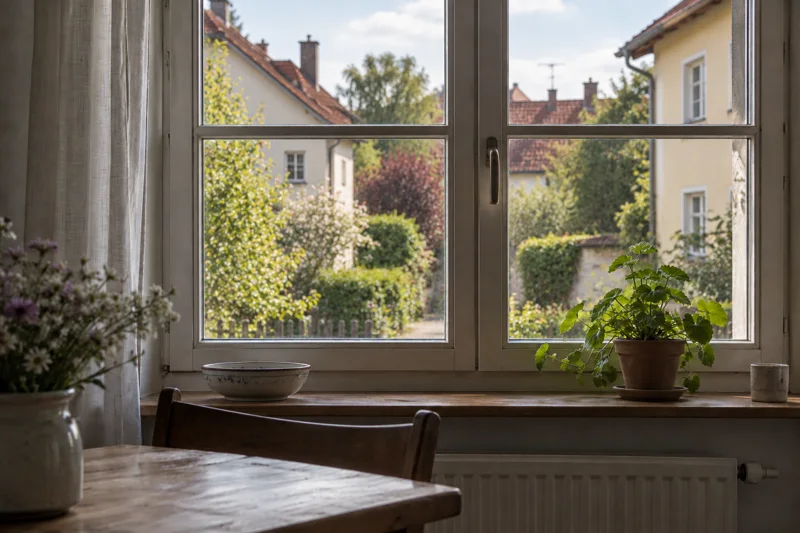 Streifenfrei geputztes Fenster mit Blick ins Grüne – Fensterreinigung im Raum Wolfratshausen